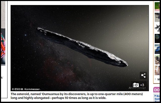 葉巻型の小惑星! 史上初太陽系外から飛来した「Oumuamua(オウムアムア)」に監視型UFOの可能性が浮上!の画像3