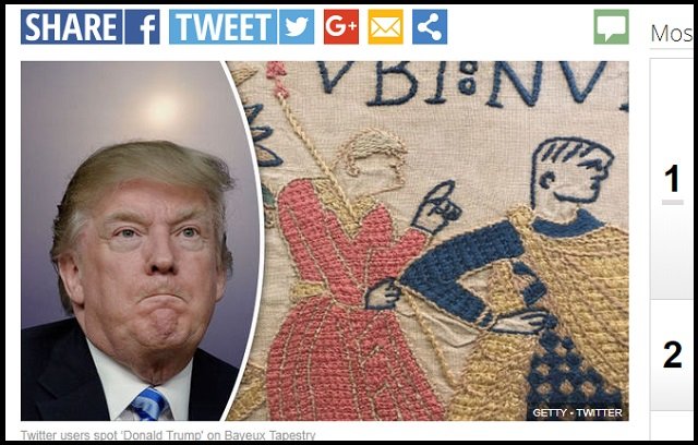 トランプ大統領が描かれた1000年前の刺繍画発見、タイムトラベラー説浮上! 金髪とポーズが完全一致、隣にプーチンの姿も!の画像2
