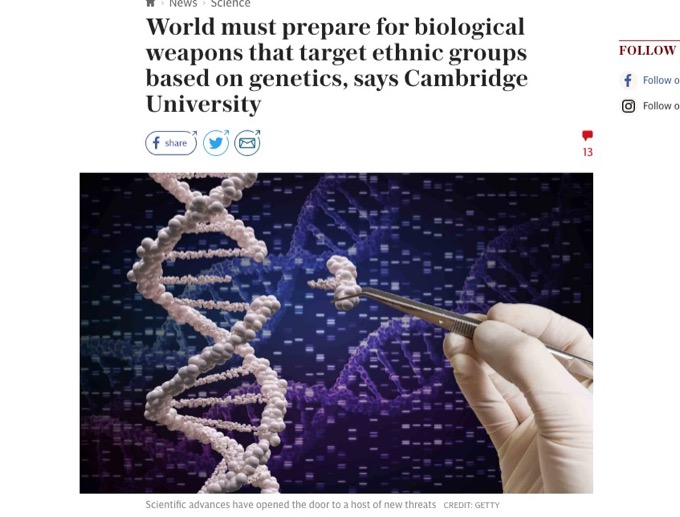 DNA情報から「特定の民族を虐殺できる生物兵器」誕生をケンブリッジ大学が警告! 民族浄化の恐怖!の画像1
