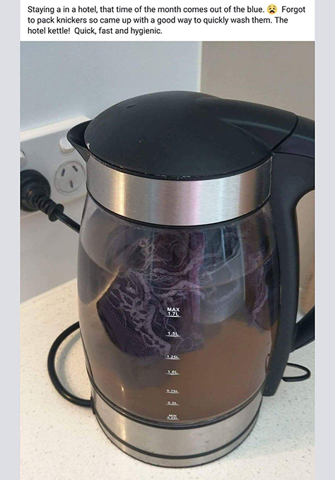 経血のついた生理パンツを煮沸消毒! もうホテルの電気ポットが使えなくなる激ヤバ画像流出の画像1