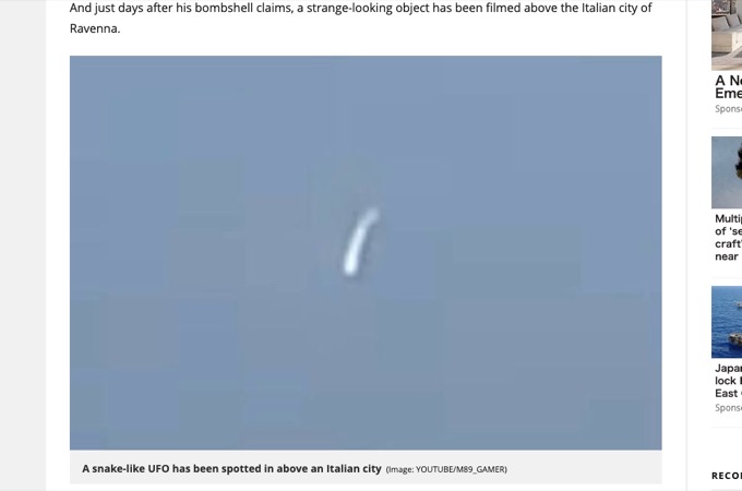 「ヘビ型UFO」がイタリアにも出現! 米国でも多発…元米海兵隊員「目撃は世界的」の画像1