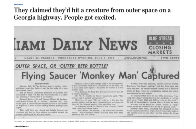 歩行中の宇宙人が車に轢かれて、UFOが救急搬送しに来たものの死亡! 謎の交通事故が新聞で大ニュースに!の画像1