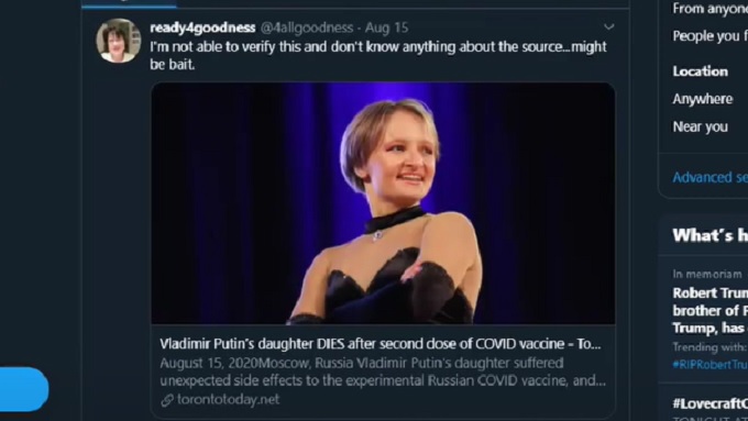 緊急 プーチンの娘が死去 2度目のコロナワクチン接種後に 怪情報の背景に スプートニクv を巡る陰謀か 安倍首相の検診も