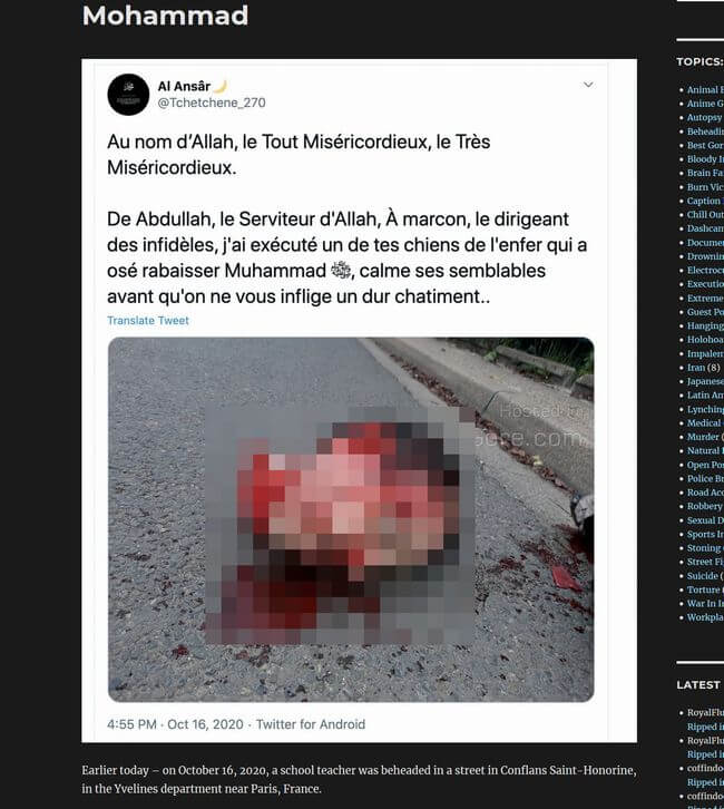【超・閲覧注意】授業でムハンマドの風刺画を見せたフランス人教師が斬首される! ニュースが絶対報じない生首画像流出の画像1