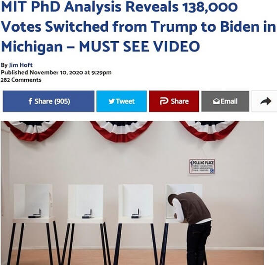 「ミシガンで6万9000のトランプ票がバイデン票にすり替わっていた」MIT科学者が不正選挙の証拠発表! やはり意図的システムエラーか!?の画像1