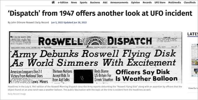ロズウェル事件の失われた資料再発見に世界が興奮！ 75年前の新聞記事には何が書かれていた？の画像1