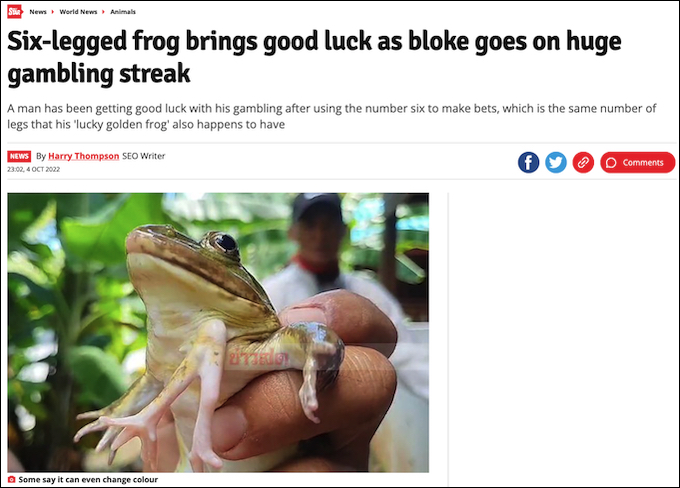 タイで幸運を呼ぶ「６本の足のカエル」が見つかる！ 飼い主は宝くじに当選の画像1